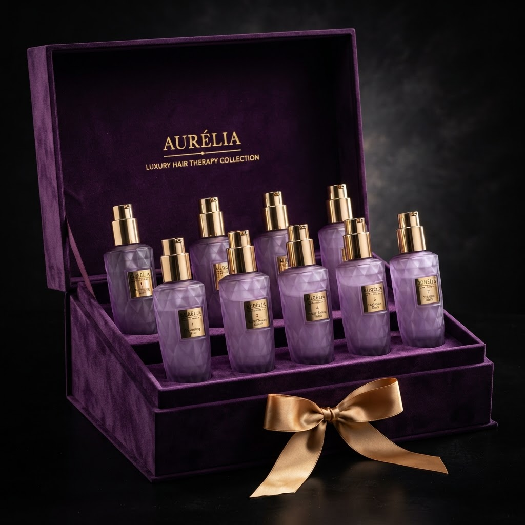 Kit Luxo VOLUMMO — 8 frascos roxos com pump dourado em caixa de veludo