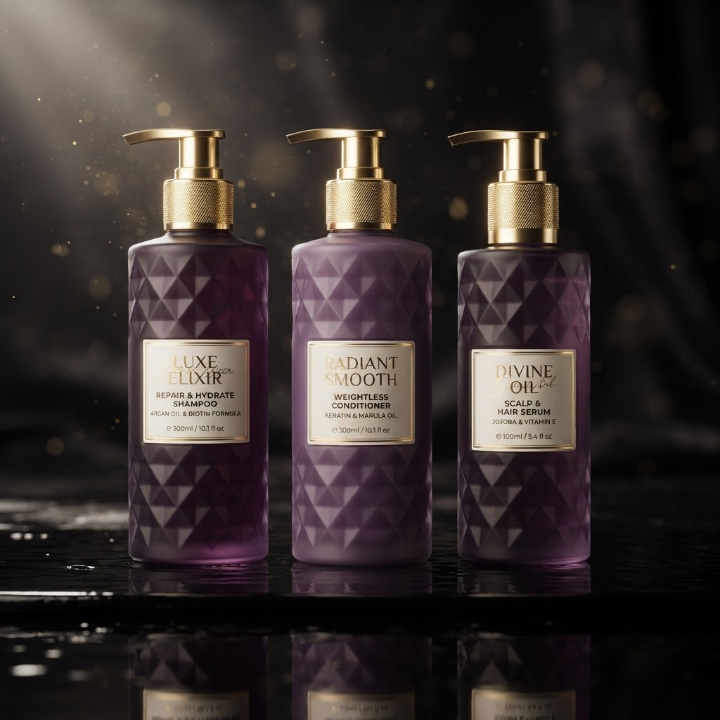 Três frascos VOLUMMO em edição luxo roxo diamante com pump dourado